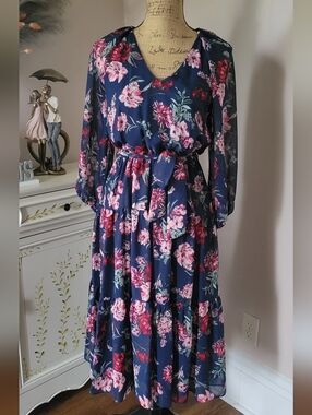 Maison Tara Navy and Pink Floral Midi Dress